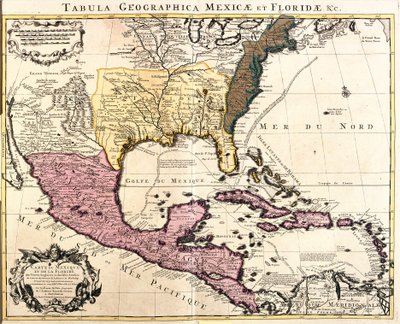 Kaart van Mexico en Florida (VS) met de Caribische Eilanden (Cuba, Haïti, Jamaica, Antillen) (ets) door Guillaume Delisle