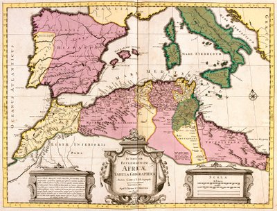 Kaart van Noord-Afrika (Mauretanië, Marokko, Algerije, Tunesië, Libië) en Europa (Spanje, Portugal, Frankrijk, Italië, Griekenland met Balearen, Sardinië, Corsica en Sicilië) (ets) door Guillaume Delisle