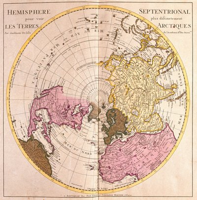 Kaart van het Noordelijk Halfrond, Beschrijving van het Arctische Land (Sterk Water) door Guillaume Delisle