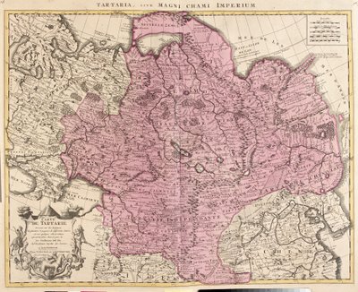 Kaart van Tartaria (Centraal-Azië, Siberië, Turkestan, Mongolië en Mantsjoerije) (ets) door Guillaume Delisle