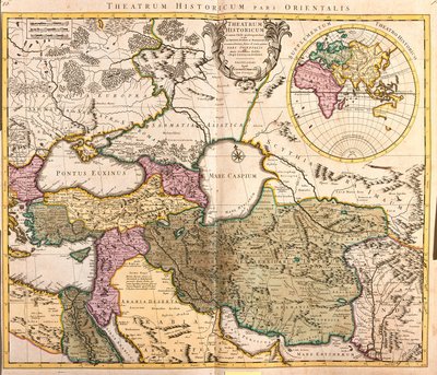 Kaart van de aangrenzende landen van de Kaspische Zee (Rusland, Armenië, Perzië, Kazachstan, Turkmenistan) (ets) door Guillaume Delisle