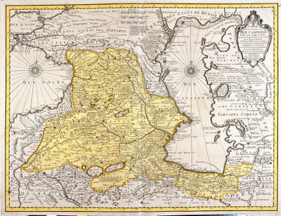 Kaart van naburige landen van de Kaspische Zee (Rusland, Armenië, Perzië, Kazachstan, Turkmenistan) door Guillaume Delisle