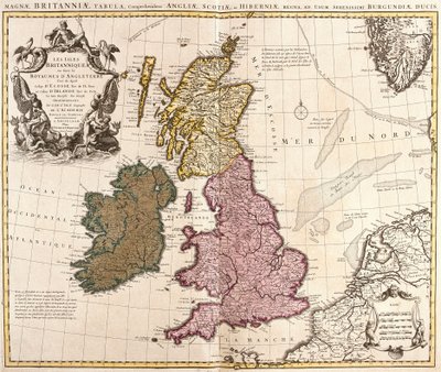Kaart van de Britse Eilanden, Koninkrijken van Engeland, Schotland en Ierland (ets) door Guillaume Delisle