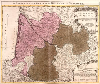Kaart van het Gouvernement Guyenne en Gascogne (Frankrijk) (ets) door Guillaume Delisle