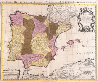 Kaart van het Iberisch Schiereiland, Koninkrijk Portugal en Spanje (ets) door Guillaume Delisle