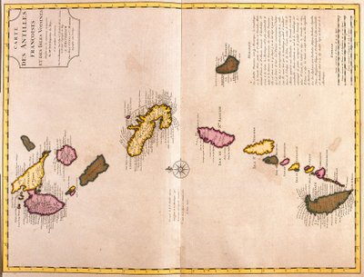 Kaarten van de Caraïbische eilanden (Guadeloupe, Marie Galante, Dominica, Martinique, Saint Lucia, Saint Vincent, Barbados, Grenadines en Grenada) door Guillaume Delisle