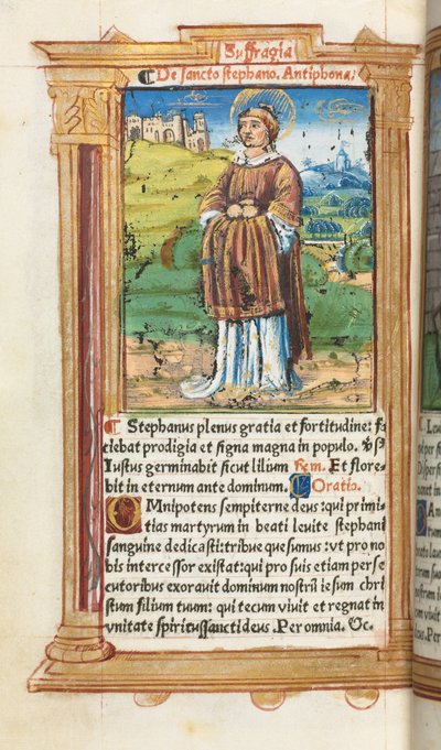 Gedrukt getijdenboek (Gebruik van Rome): fol. 100v, St. Stefanus door Guillaume Le Rouge