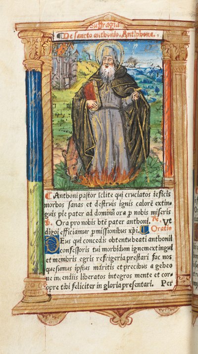 Gedrukt getijdenboek (gebruik van Rome): fol. 104v, St. Antonius Abt door Guillaume Le Rouge