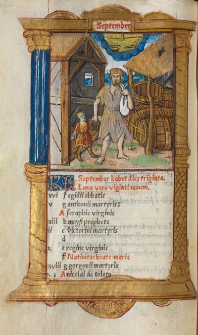 Gedrukt Getijdenboek (Gebruik van Rome): fol. 10v, September kalenderillustratie door Guillaume Le Rouge