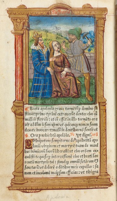 Gedrukt getijdenboek (gebruik van Rome): fol. 111v, St. Apollonia door Guillaume Le Rouge