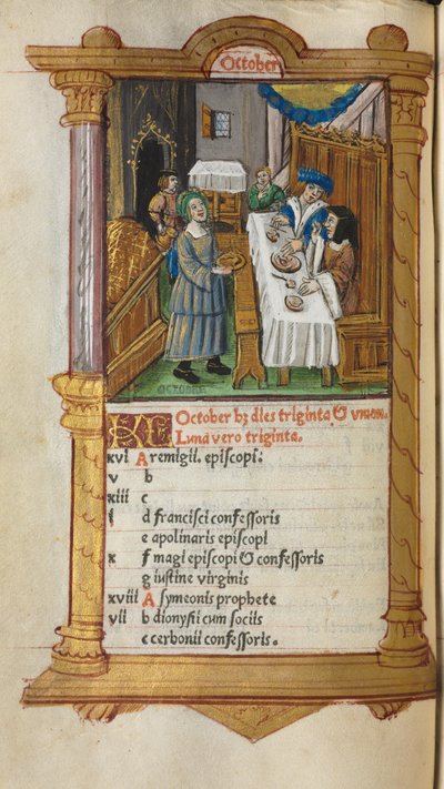 Gedrukt Getijdenboek (Gebruik van Rome): fol. 11v, Oktober kalenderpagina door Guillaume Le Rouge