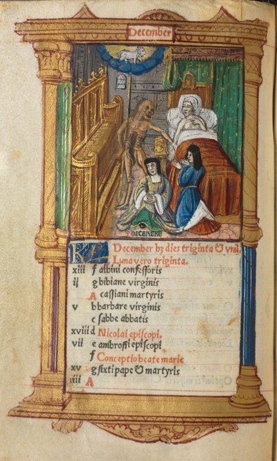 Gedrukt Getijdenboek (Gebruik van Rome): fol. 13v, December kalenderpagina door Guillaume Le Rouge