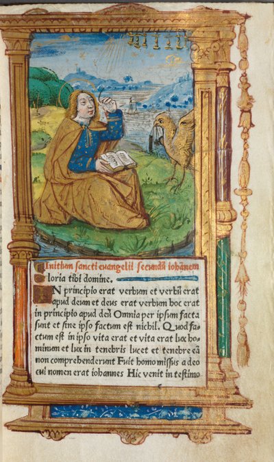 Gedrukt Getijdenboek (Gebruik van Rome): fol. 17r, St. Johannes op Patmos door Guillaume Le Rouge