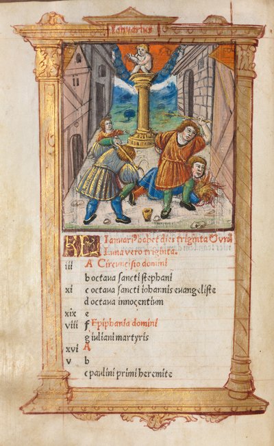 Gedrukt getijdenboek (gebruik van Rome): fol. 2v, illustratie januarikalender door Guillaume Le Rouge