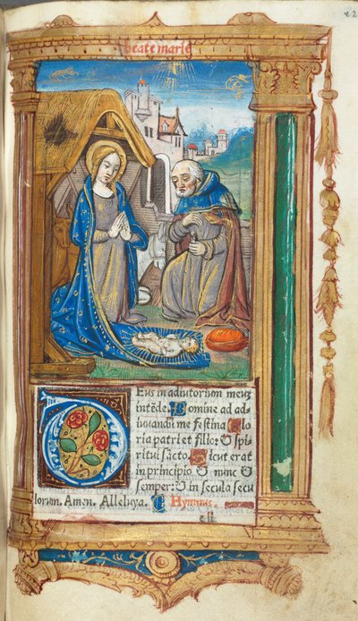 Gedrukt getijdenboek (gebruik van Rome): fol. 34r, De Geboorte door Guillaume Le Rouge