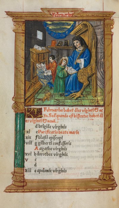 Gedrukt getijdenboek (gebruik van Rome): fol. 3v, illustratie van de februarikalender door Guillaume Le Rouge