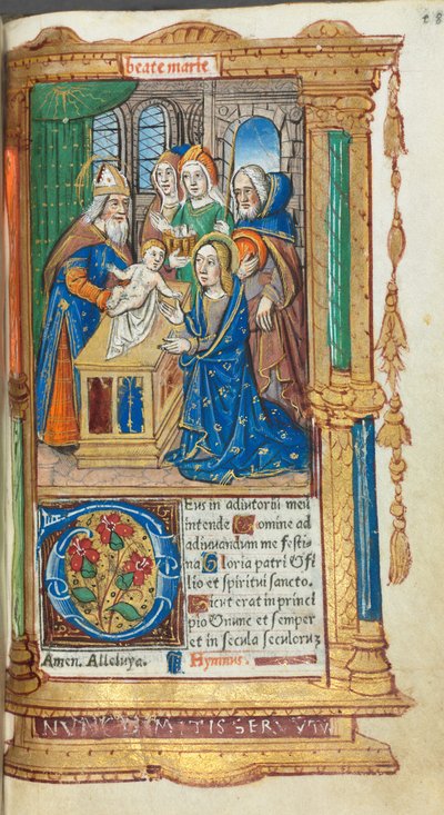 Gedrukt getijdenboek (gebruik van Rome): fol. 40r, Presentatie in de Tempel door Guillaume Le Rouge