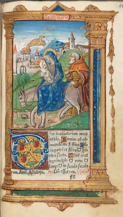 Gedrukt Getijdenboek (Gebruik van Rome): fol. 42r, Vlucht naar Egypte door Guillaume Le Rouge