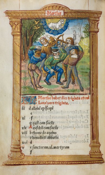 Gedrukt getijdenboek (Gebruik van Rome): fol. 4v, maart kalenderillustratie door Guillaume Le Rouge