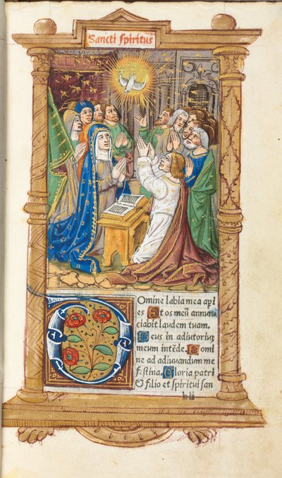 Gedrukt getijdenboek (gebruik van Rome): fol. 58r, Pinksteren door Guillaume Le Rouge