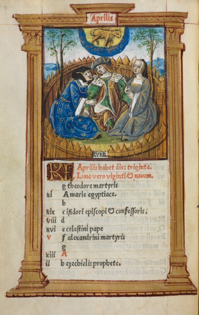 Gedrukt getijdenboek (gebruik van Rome): fol. 5v, illustratie aprilkalender door Guillaume Le Rouge