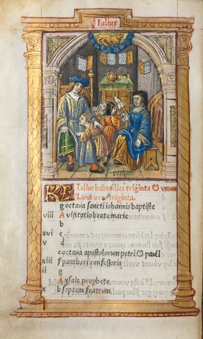 Gedrukt getijdenboek (gebruik van Rome): fol. 8v, juli-kalenderillustratie door Guillaume Le Rouge