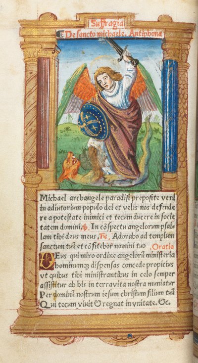 Gedrukt getijdenboek (gebruik van Rome): fol. 97v, St. Michael de Aartsengel door Guillaume Le Rouge