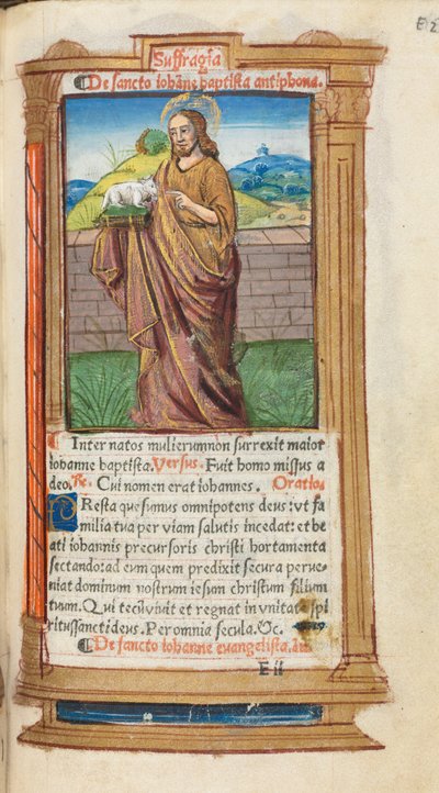 Gedrukt getijdenboek (gebruik van Rome): fol. 98r, St. Johannes de Doper door Guillaume Le Rouge