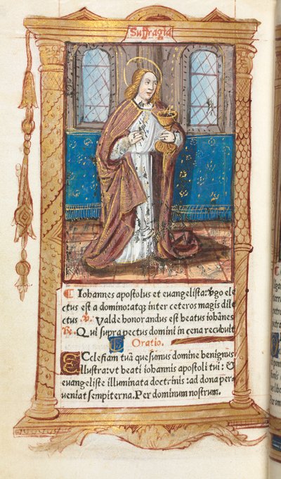 Gedrukt getijdenboek (gebruik van Rome): fol. 98v, St. Johannes de Evangelist door Guillaume Le Rouge