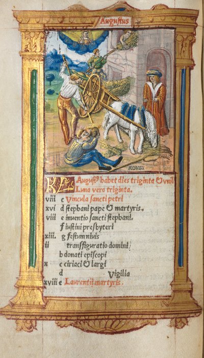 Gedrukt getijdenboek (gebruik van Rome): fol. 9v, illustratie augustuskalender door Guillaume Le Rouge