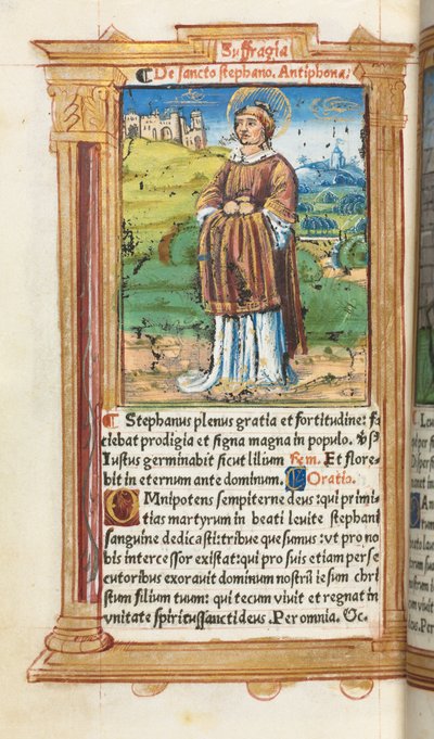 Gedrukt Getijdenboek Gebruik van Rome: fol. 100v, St. Stefanus, 1510 door Guillaume Le Rouge