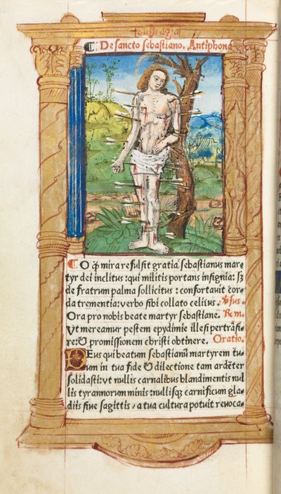 Gedrukt getijdenboek Gebruik van Rome: fol. 102v, St. Sebastian, 1510 door Guillaume Le Rouge
