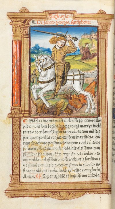 Gedrukt getijdenboek Gebruik van Rome: fol. 103v, St. Joris die de draak doodt, 1510 door Guillaume Le Rouge