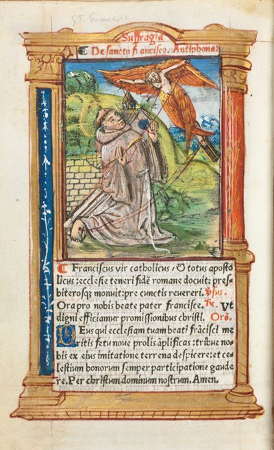 Gedrukt getijdenboek Gebruik van Rome: fol. 106v, St. Franciscus van Assisi, 1510 door Guillaume Le Rouge