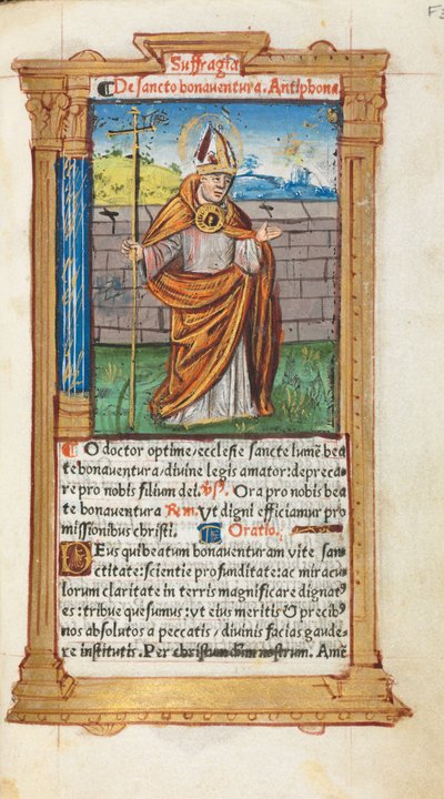 Gedrukt getijdenboek Gebruik van Rome: fol. 107r, St. Bonaventura, 1510 door Guillaume Le Rouge