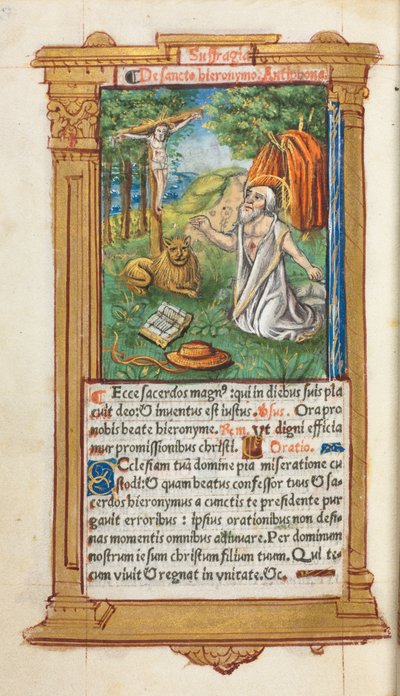 Gedrukt Getijdenboek Gebruik van Rome: fol. 107v, Sint Hiëronymus en de Leeuw, 1510 door Guillaume Le Rouge