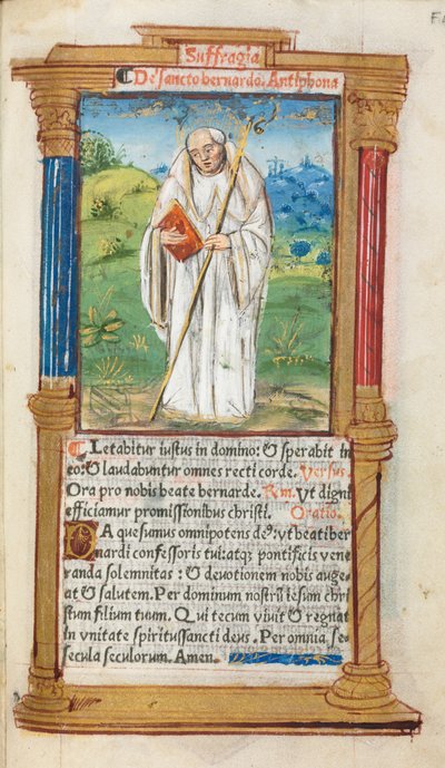 Gedrukt getijdenboek Gebruik van Rome: fol. 108r, St. Bernard van Clairvaux door Guillaume Le Rouge
