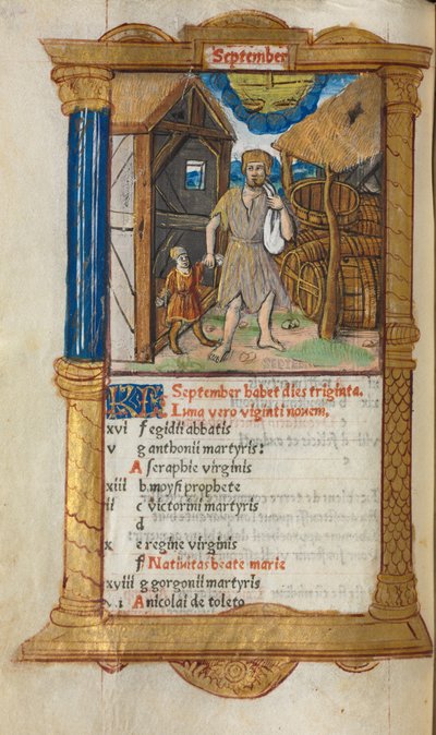 Gedrukt Getijdenboek Gebruik van Rome: fol. 10v, september kalenderillustratie, 1510 door Guillaume Le Rouge