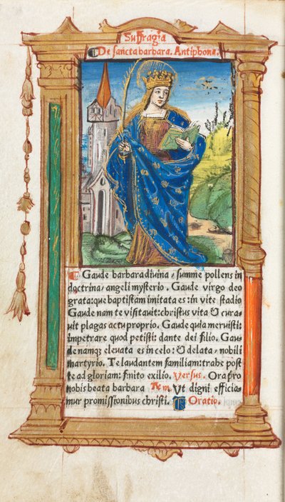 Gedrukt getijdenboek Gebruik van Rome: fol. 110v, St. Barbara, 1510 door Guillaume Le Rouge
