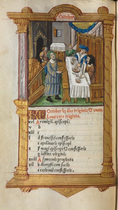 Gedrukt Getijdenboek Gebruik van Rome: fol. 11v, oktober kalenderpagina, 1510 door Guillaume Le Rouge