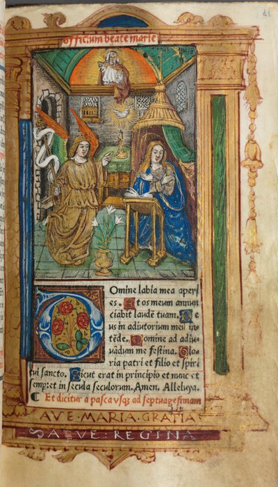 Gedrukt Getijdenboek Gebruik van Rome: fol. 25r, De Aankondiging, 1510 door Guillaume Le Rouge