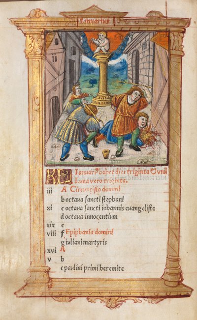 Gedrukt Getijdenboek Gebruik van Rome: fol. 2v, januari kalenderillustratie, 1510 door Guillaume Le Rouge