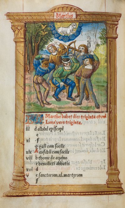 Gedrukt getijdenboek Gebruik van Rome: fol. 4v, maart kalenderillustratie, 1510 door Guillaume Le Rouge