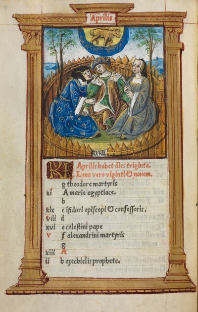 Gedrukt Getijdenboek Gebruik van Rome: fol. 5v, April kalenderillustratie, 1510 door Guillaume Le Rouge