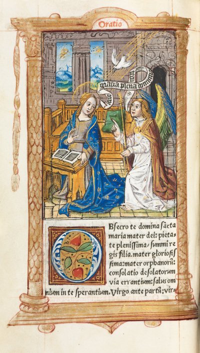 Gedrukt getijdenboek Gebruik van Rome: fol. 60v, De Annunciatie, 1510 door Guillaume Le Rouge