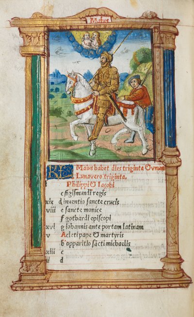 Gedrukt Getijdenboek Gebruik van Rome: fol. 6v, mei kalenderillustratie door Guillaume Le Rouge
