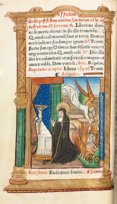 Gedrukt Getijdenboek Gebruik van Rome: Dominicaanse non in gebed door Guillaume Le Rouge