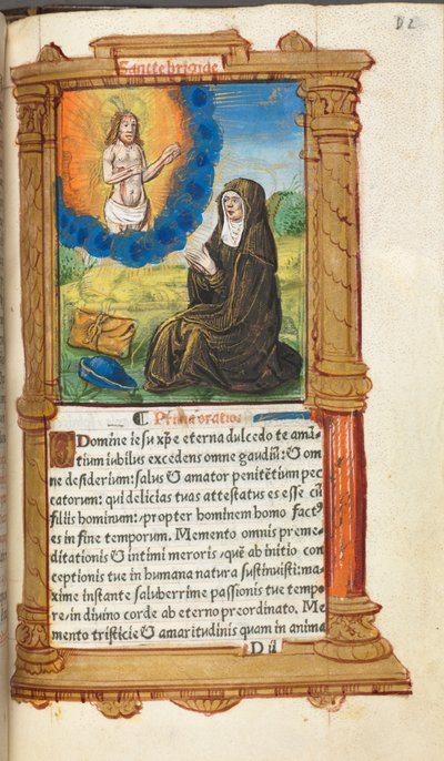 Gedrukt getijdenboek Gebruik van Rome: fol. 90r, St. Bridget in gebed voor een verschijning van Christus door Guillaume Le Rouge