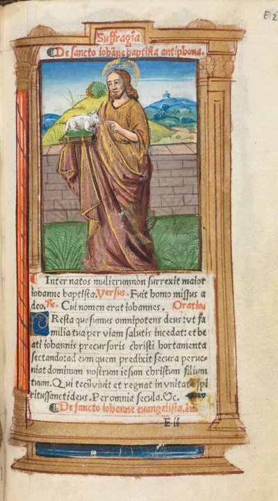 Gedrukt Getijdenboek Gebruik van Rome: fol. 98r, St. Johannes de Doper, 1510 door Guillaume Le Rouge