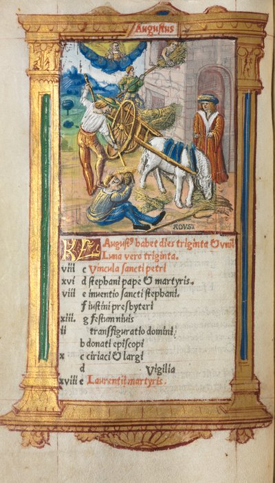 Gedrukt Getijdenboek Gebruik van Rome: fol. 9v, augustus kalenderillustratie, 1510 door Guillaume Le Rouge